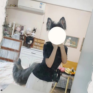 Handmade Wolf Dog Ears Tail Set, Furry Wild Wolf Animal Ears Hairband, Grey Faux Fur Fursuit Wolf Tail Cosplay Halloween Party Costume