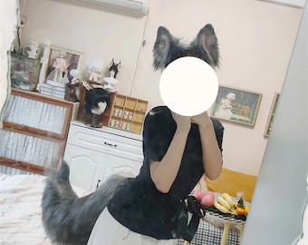 Handmade Wolf Dog Ears Tail Set, Furry Wild Wolf Animal Ears Hairband, Grey Faux Fur Fursuit Wolf Tail Cosplay Halloween Party Costume