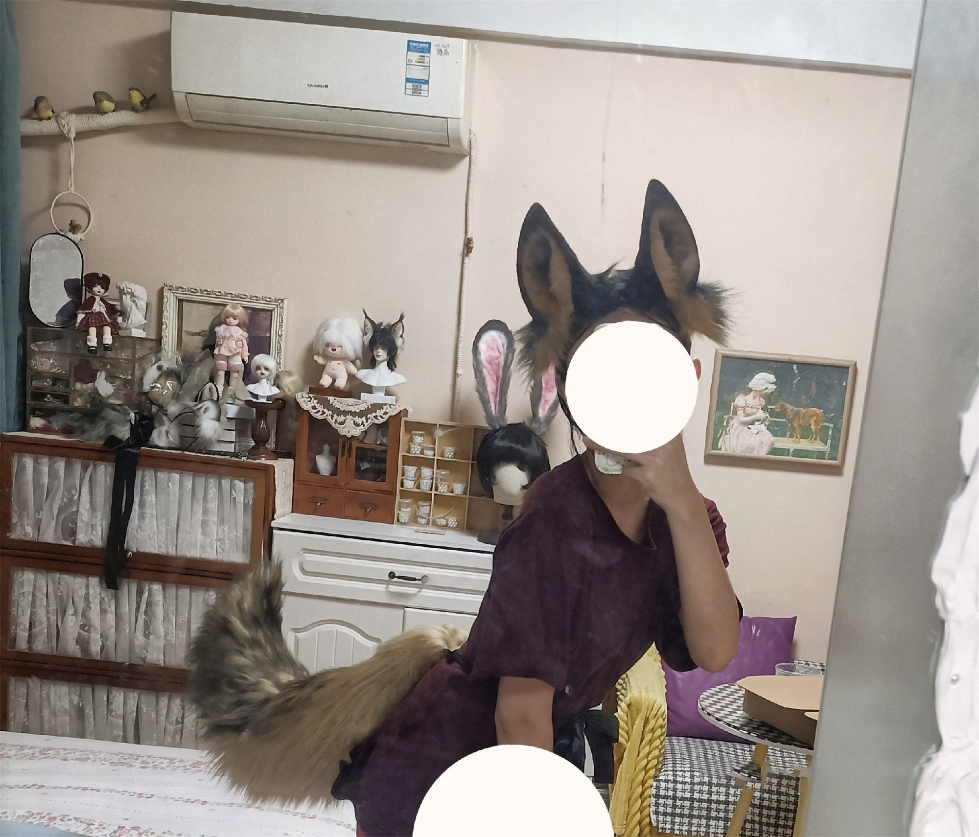 Handmade German Shepherd Ears Tail Set, Furry Dog Ears Hairband, Black Brown Dog Wolf Tail Faux Fur Fursuit Cosplay Halloween Costume