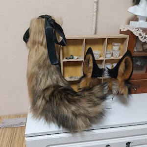 Handmade German Shepherd Ears Tail Set, Furry Dog Ears Hairband, Black Brown Dog Wolf Tail Faux Fur Fursuit Cosplay Halloween Costume