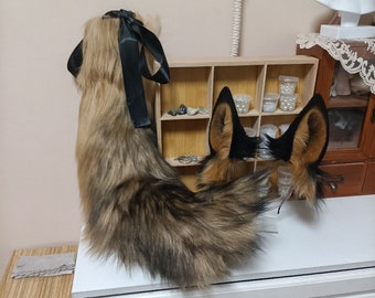 Handgefertigter Schäferhund Ohren Schwanz Set, pelzigen Hundeohren Haarband, schwarz brauner Hund Wolf Schwanz Kunstpelz Fursuit Cosplay Halloween Kostüm