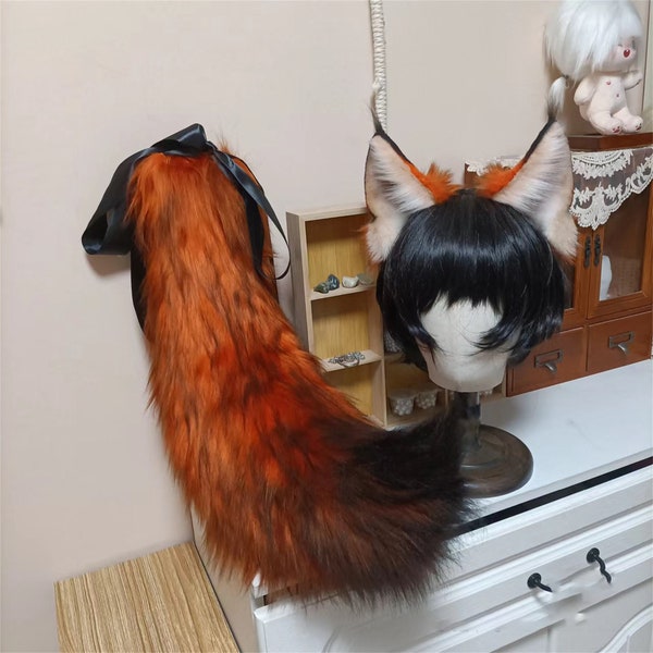 Handmade Red Fox Ears Tail Set Furry Faux Fur Animal Ears Hairband, Cute Fox Ears Red Tail Set Fursuit Party Cosplay Fox Halloween Costume