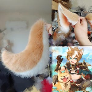 May include: A cosplay set featuring a fluffy, light brown and white fox tail and matching ears. The ears are light brown with pink inner details. The image also includes a cartoon illustration of a character with fox-like features.