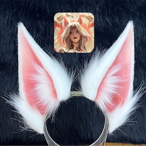 Handmade Fox Ears Headband, Cosplay Ahri, Faux Fur, Furry White Pink Fox Ears Hairband
