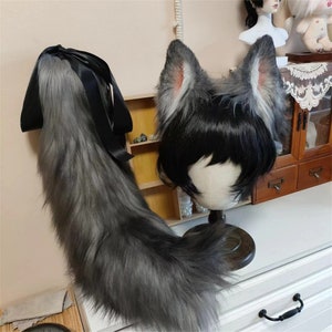 Handmade Wolf Dog Ears Tail Set, Furry Wild Wolf Animal Ears Hairband, Grey Faux Fur Fursuit Wolf Tail Cosplay Halloween Party Costume