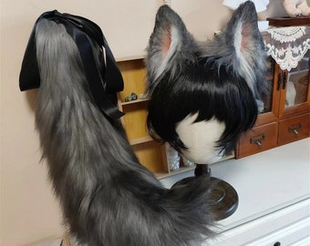 Handmade Wolf Dog Ears Tail Set, Furry Wild Wolf Animal Ears Hairband, Grey Faux Fur Fursuit Wolf Tail Cosplay Halloween Party Costume