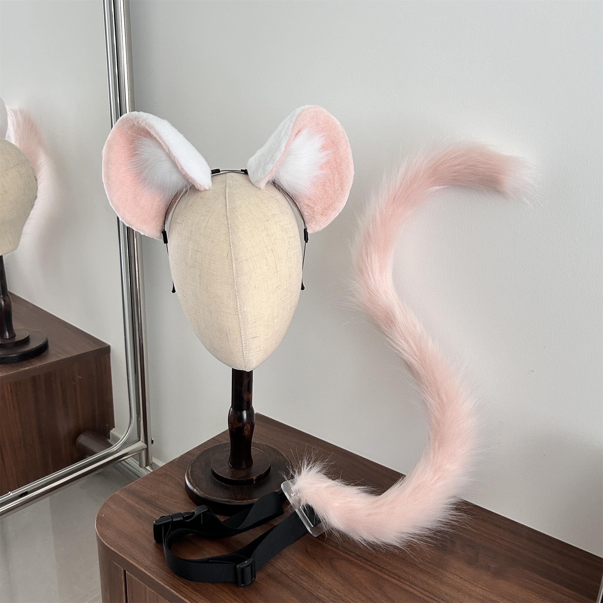 Handmade Mouse Ears Tail Set Cute White Pink Mouse Rat Ears Headband Mouse Tail Furry Faux Fur Fursuit Cosplay Mouse Rat Halloween