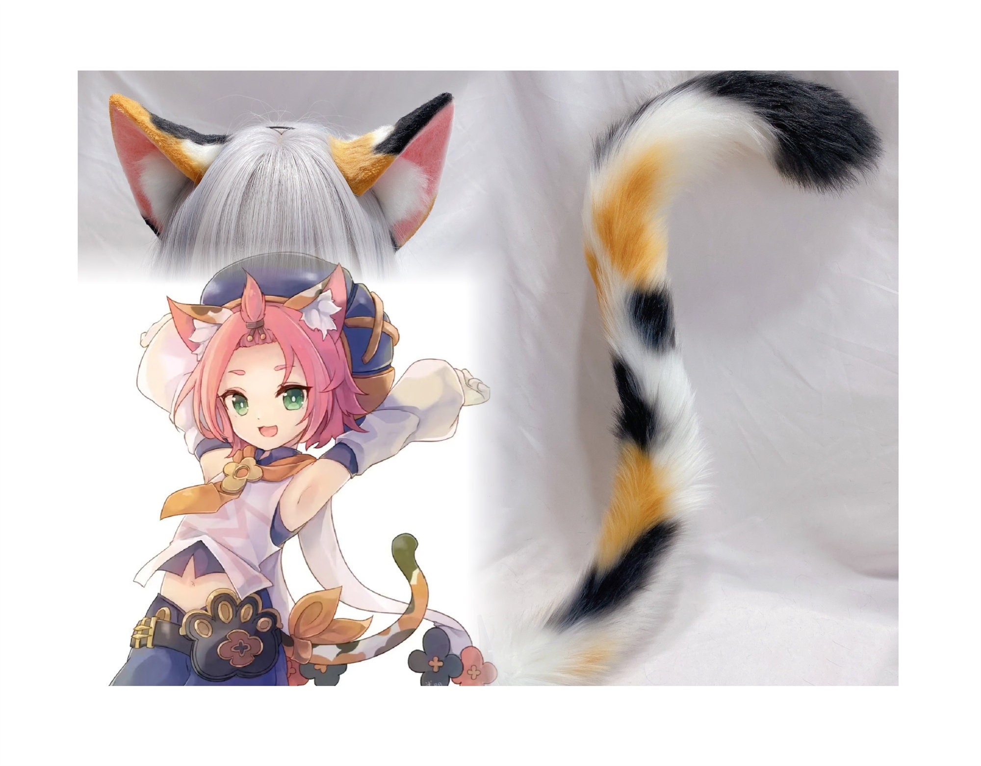 Handmade Calico Cat Kitten Ears Tail Faux Fur Furry Fursuit Cute Cat Ears Hairband Cat Tail Costume Anime Halloween Party Cosplay Diona