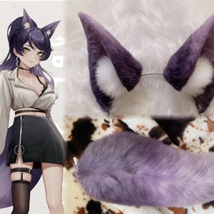 Handmade Fox Ears and Tail Set, Furry Faux Fur Fox Ears Headband, Faux Fur Fox Tail, Cosplay Pueple Fox Ears Tail