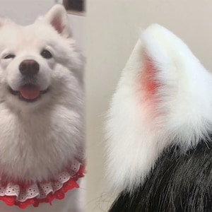Handmade Samoyed Dog Puppy Ears Hairband White Pink Furry Faux Fur Samoyed Ears Baby Fox Ears Fursuit Cosplay Halloween Party