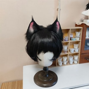 Handmade Cat Kitten Ears Headband, Pink Black Furry Animal Cat Ears Hairband, Faux Fur Cat Fursuit Halloween Anime Cosplay Sexy Cat Kitten