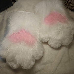 Handmade Animal Paws Claws White Pink Heart Furry Faux Fur Cute Dog Wolf Fox Cat Dog Paws Halloween Cosplay Fursuit Costume Party