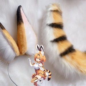 Handmade Caracal Ears Tail Set, Faux Fur Bush Cat Ears Hairband, Furry Striped Caracal Tail, Cosplay Caracal Ears and Tail Costume