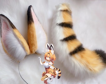 Handmade Caracal Ears Tail Set, Faux Fur Bush Cat Ears Hairband, Furry Striped Caracal Tail, Cosplay Caracal Ears and Tail Costume