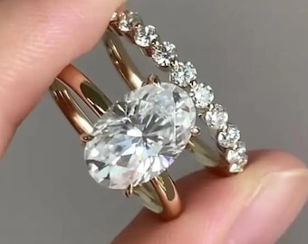 3.0 CT Oval Cut Moissanite Engagement Ring Set, Yellow Gold Wedding Band Set, Solitaire Ring Set, Promise Ring for Her, Dainty Bridal Ring