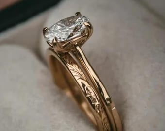 1.0 Ct Oval Moissanite Engagement Ring Set, Delicate Oval Solitaire Ring, 14K Solid Gold Ring Set, Vintage Inspired Wedding Ring, Bridal Set