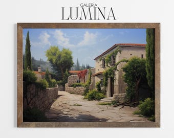 Greek Village Mediterranean Landscape Painting (Digital Printable Art + Frame TV Art) 081