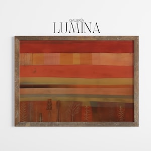 Op de afbeelding: Abstracte kunstafdruk in een houten lijst. Het kunstwerk toont horizontale banden in rode, oranje en bruine tinten. Het onderste gedeelte bevat gestileerde boomachtige vormen. De tekst "GALERIA LUMINA" staat boven het kunstwerk.