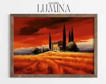 Cuadro de paisaje toscano con cipreses (arte digital imprimible + marco para televisión) 082