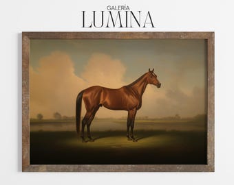 May include: A framed vintage painting of a brown horse standing in a field. The horse is the focal point, set against a backdrop of a cloudy sky and a grassy landscape. The frame is a dark brown color, and the text "GALERIA LUMINA" is at the top.