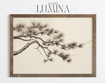 May include: A framed wall art print featuring a black and white ink-style illustration of a pine tree branch with needles against a cream background. The text GALERIA LUMINA is printed in black above the frame, which has a dark brown wood finish.