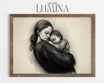Monochrome Mother and Child Drawing (Digital Printable Art + Frame TV Art) 204