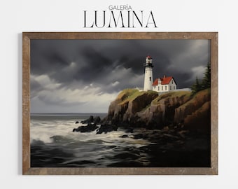 Moody Lighthouse Seascape Painting (Digital Printable Art + Frame TV Art) 155