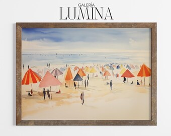 Colorful Beach Umbrellas Watercolor Painting (Digital Printable Art + Frame TV Art) 092