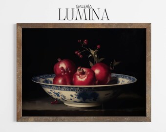 Moody Pomegranate Still Life Oil Painting (Digital Printable Art + Frame TV Art) 1544