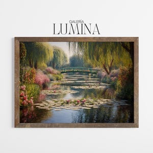 Monet Style Water Lily Pond Painting Impressionist Garden Bridge Wall Art Colorful Garden Landscape Digital Printable Art Frame TV Art 1109