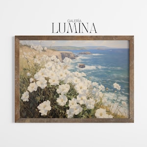 Coastal White Flower Field Painting White Floral Ocean View Art Vintage Summer Print Beach Landscape Digital Printable Art Frame TV Art 1188