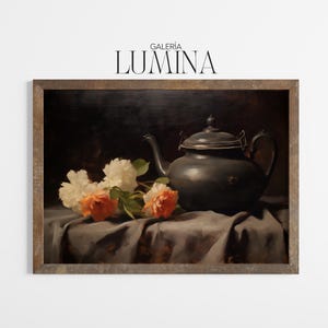 May include: A framed still life painting featuring a dark gray teapot with a curved spout and handle, alongside white and orange roses. The artwork is set against a dark background with a draped cloth.