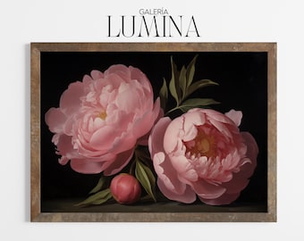 Dark Moody Pink Peonies Oil Painting Vintage Floral Wall Art Romantic Still Life Print Peony Artwork Digital Printable Art Frame TV Art 1260
