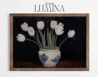 Vintage White Tulips Oil Painting Dark Background Flower Vase Print Moody White Tulips Artwork Digital Printable Art Frame TV Art 1156
