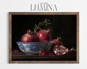 Moody Pomegranate Still Life Oil Painting (Digital Printable Art + Frame TV Art) 1577