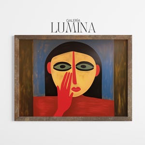 May include: Abstract painting of a woman with black hair, yellow face, and red lips and hand. The artwork is framed in a brown wooden frame. The background is blue and brown. The text "GALERIA LUMINA" is at the top.