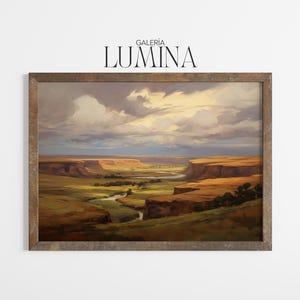 May include: A framed landscape painting depicting a river winding through a canyon with green grass and brown cliffs. The sky is a mix of white and gray clouds with a bright spot of sunlight shining through.