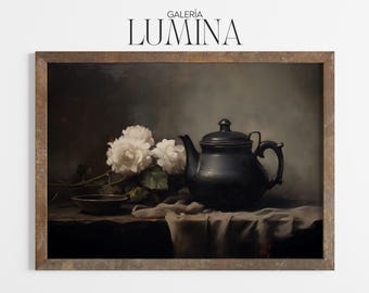 Dunkel Stimmungsvolle Stillleben Malerei Vintage Stillleben Kunstwerk Dramatische Beleuchtung Topf und Blumen Kunstdruck Digital Printable Art Frame TV Art 1138
