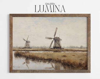 オランダの風車の風景画｜ヴィンテージオランダの田園風景油絵（印刷