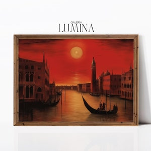 Venice at Night Original Painting Venice Gondola Painting Red Sky Painting Venice Landscape Artwork Digital Printable Art Frame TV Art 871
