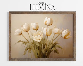 Vintage White Tulips Oil Painting Floral Botanical Wall Art Classic Tulip Flower Artwork Tulip Print Digital Printable Art Frame TV Art 1057