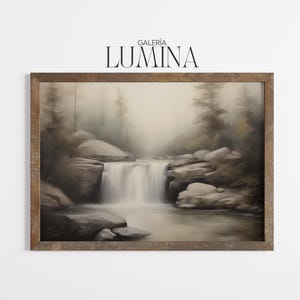 May include: A framed painting of a waterfall cascading over rocks in a misty forest. The painting is in a brown frame with the text "GALERIA LUMINA" at the top.