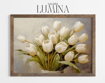 White Tulip Bouquet Oil Painting Floral Still Life Painting Elegant Tulip Painting Soft Flower Art Digital Printable Art Frame TV Art 1012