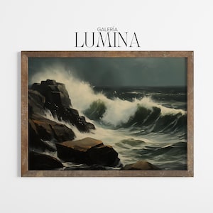 Paysage marin orageux peinture à l&#39;huile art mural océan dramatique Oeuvre de mauvaise humeur tempête de mer Art paysage nautique numérique imprimable Art cadre TV Art 1006