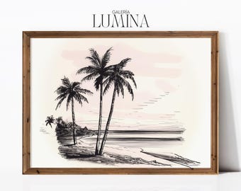 Arte lineal de palmeras en la playa, paisaje costero al atardecer, boceto minimalista de playa, arte de pared tropical, arte digital imprimible, marco de TV, arte 976