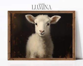 Dark Moody White Lamb Oil Painting Farm Animal Print Baby Sheep Painting Rustic Nursery Lamb Artwork Digital Printable Art Frame TV Art 978