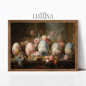 May include: A framed print featuring a still life of Easter eggs and flowers. The eggs are painted with floral designs and rest among roses and other blooms. The print has a wooden frame and the text "GALERIA LUMINA" is at the top.