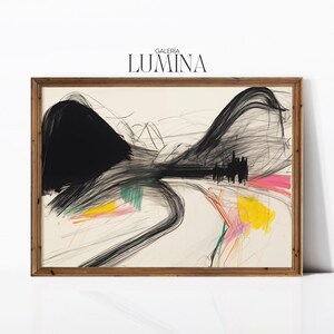 Puede incluir: Impresión de arte abstracto en un marco de madera. La impresión presenta pinceladas negras, blancas, amarillas, rosas y verdes. El texto "GALERIA LUMINA" está impreso en la parte superior de la impresión.
