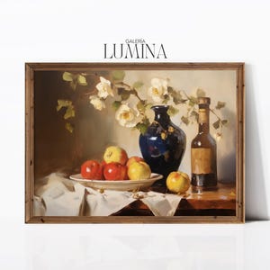 Vintage Still Life Oil Painting Fruit and Flower Art Classical Kitchen Wall Art Apple Still Life Art Digital Printable Art Frame TV Art 957