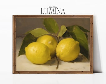 May include: A framed painting of three yellow lemons with green leaves on a white background. The painting is titled "Galeria Lumina".
